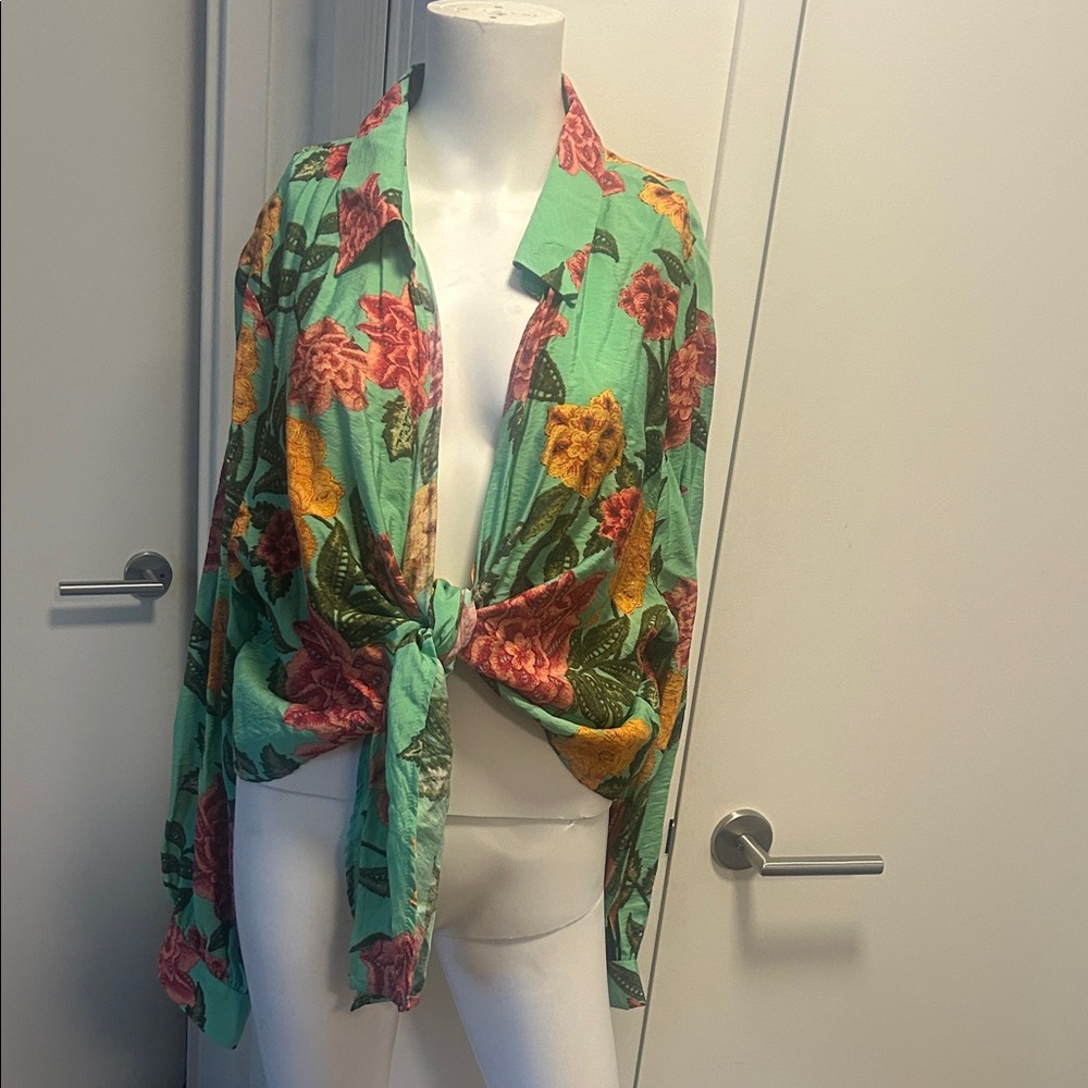 Timing Floral Tie-Front Crop Top - Green and Red